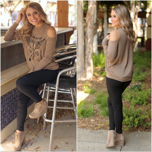 ✨LAST ONE✨Mocha Wild Spirit Cold Shoulder Top - Picture 3 of 3